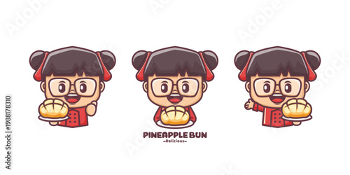 Cute cartoon chef with pineapple bun