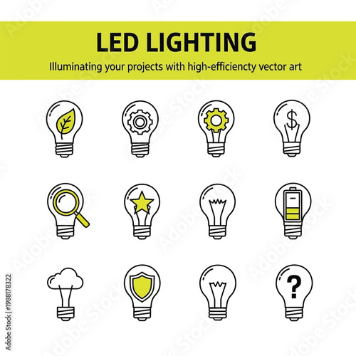 Collection of light bulb icons with various symbols.