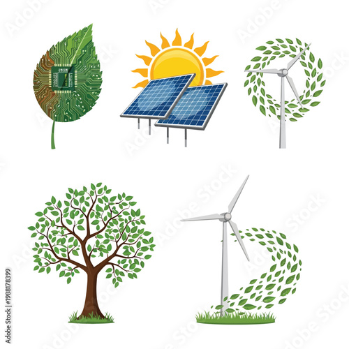 Eco friendly technology and renewable energy sources concept with solar panel and wind turbines