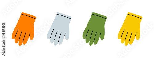 Vector set of colorful spring gardening rubber cleaning gloves in yellow, green, grey, orange in flat style. Household protective accessory illustration for cleaning, dishwashing and housework design.
