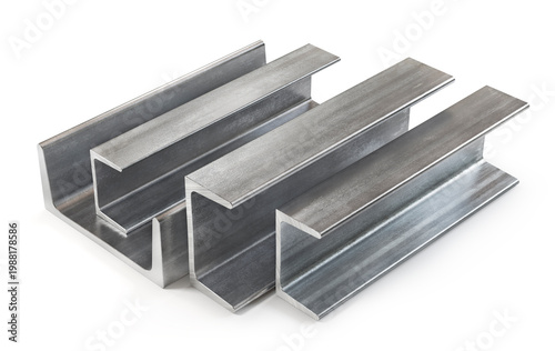 3D Render of Steel Channel Profiles Set Isolated on White Background