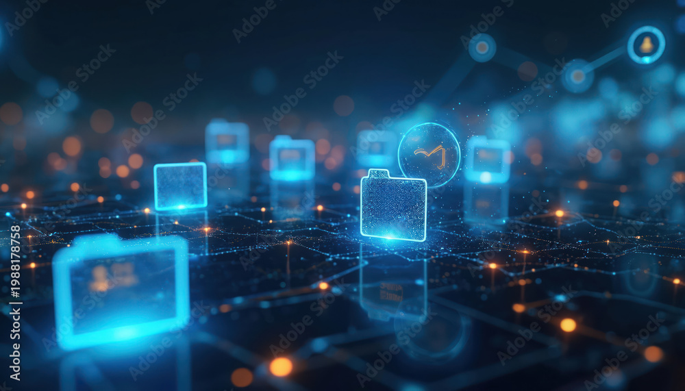 Obraz premium Digital interface shows glowing data folders floating in a connected network. Information flows in a futuristic cyberspace system. Files transfer and connect in virtual space.