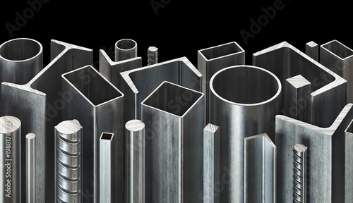 3D Render of Various Steel Profiles and Metal Sections Collection on Black Background