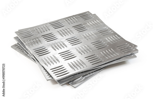 3D Render of Diamond Plate Steel Sheets Stack Isolated on White Background