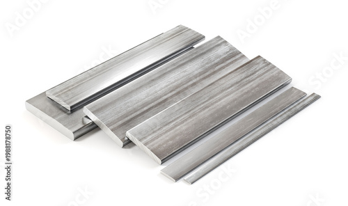 3D Render of Flat Steel Bars and Metal Plates Set Isolated on White Background