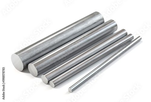 3D Illustration of Metal Round Steel Rods in Various Sizes on White Background