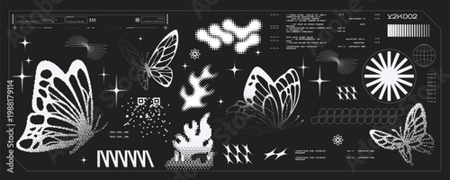 Y2K Cyber Graphic Element Set Vector with Butterfly Abstract Shapes and Stars in White on Black for Trendy Streetwear and Editorial Design elements kit