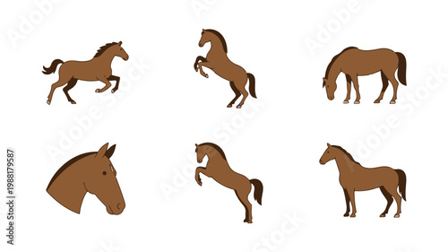 Set of brown horse vector icons depicting different activities including running, jumping, and standing