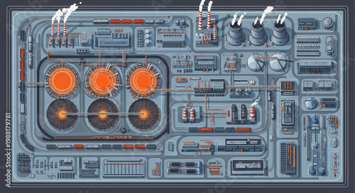Futuristic control panel with glowing orange elements and intricate details.