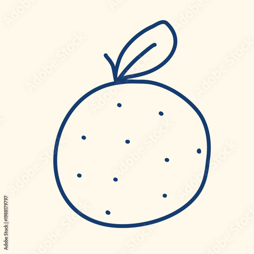 Juicy, ripe tangerine, doodle style. Blue ink drawing of mandarin with leaf. Healthy organic orange food, vector graphics