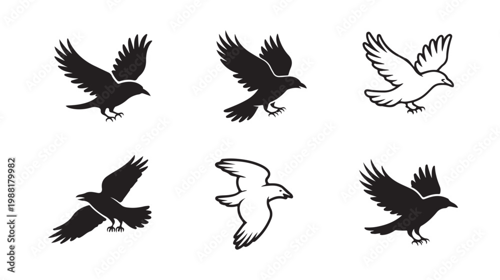 Fototapeta premium Set of black and white bird silhouettes representing crows or ravens in flight poses for design