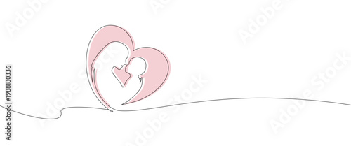 Continuous one line art of mother and child forming a heart shape illustration for Mother’s Day design.