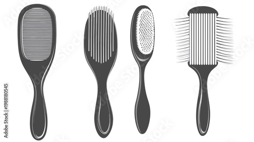 Monochrome illustration of four different types of hair care tools with handles