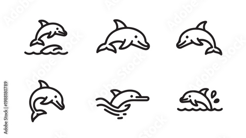 Collection of six minimalist line art dolphin icons jumping and swimming in the ocean waves.