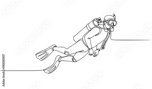 Scuba diver continuous one line drawing vector underwater diving minimalist outline sketch design
