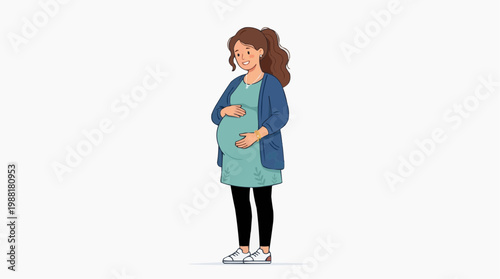 A calm depiction of a mother-to-be, her hands cradling her burgeoning baby bump, showcasing the tender essence of motherhood and anticipation, wearing everyday apparel. 