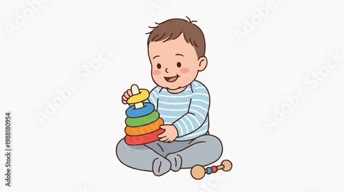 A smiling baby joyfully concentrates on building a colorful ring stacker, showcasing the delight of early learning and the joy of simple play.