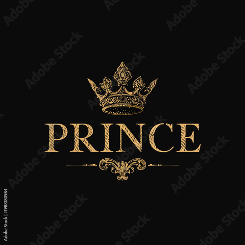Golden Prince Crown Logo with Ornate Details on Black Background