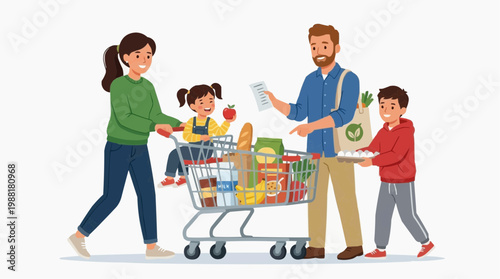 A family joyfully shops, loading a full cart with essential groceries in a simple illustration that captures the essence of everyday life.