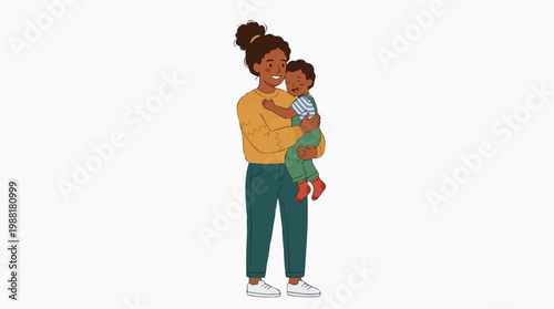 A loving illustration shows a mother holding her child with care and warmth, portraying the deep bond of affection and the nurturing essence of motherhood.
