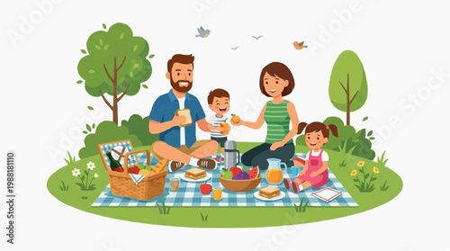 A cheerful family gathers for a delightful picnic in a park, savoring food, laughter, and companionship under a bright sky. The idyllic scene radiates warmth and togetherness.