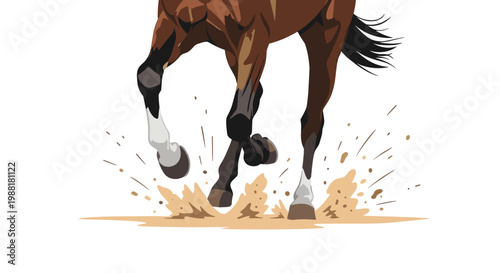 A detailed low-angle view captures the muscular legs and dark hooves of a brown horse as they strike the ground and create messy, wet mud splashes.