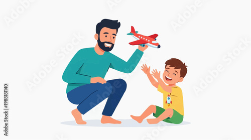 A father joyfully plays with his son, presenting a toy airplane to his gleeful child, a beautiful scene of parental bonding and childhood.
