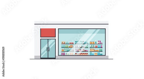 A modern pharmacy storefront features a large display window showcasing meticulously organized shelves filled with various colorful medicine bottles.