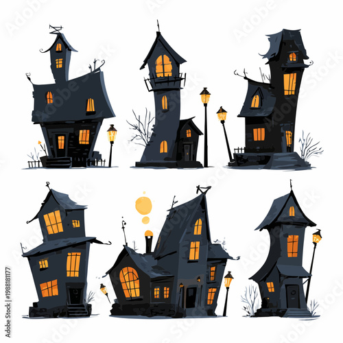 Charming collection of spooky cartoon haunted houses vector set with glowing windows