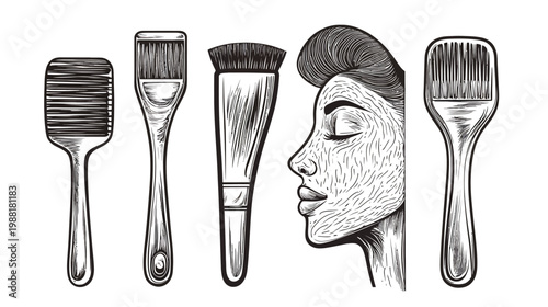 Black and white illustration featuring beauty tools (brushes) and a person with mask