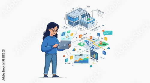 A woman utilizes a digital interface, interacting with 3D architectural models and data visualizations. A modern, minimalist illustration with a clean design.