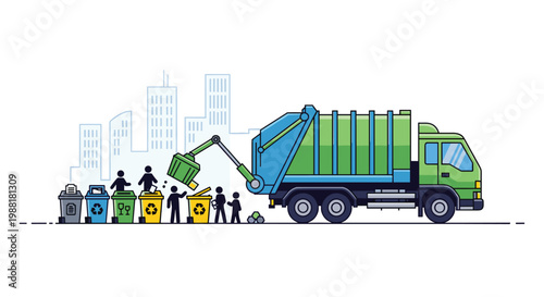 A specialized blue and green municipal waste management truck efficiently collects sorted refuse from colorful bins against a minimalist urban city skyline.