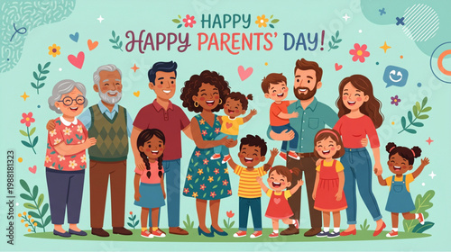 Global day of parents happy family celebration with multiple generations together for greeting card social media banner and awareness campaign design