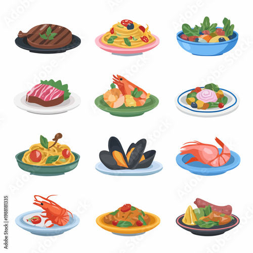 Delicious Assortment of Gourmet Foods and Dishes on Plates