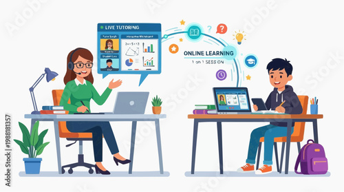 A scene of online learning featuring tutor and student interaction with the technology.