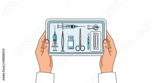 A meticulous top-down view of a medical tray containing sterile syringes, glass vials, surgical scissors, and cotton swabs against a bright white background.