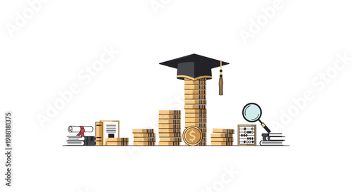 A black academic graduation mortarboard rests on a high stack of gold coins surrounded by educational books and a rolled diploma on a clean white background.