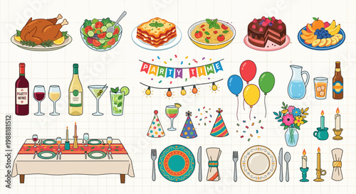 Extensive Dinner Party Clipart Set with Food, Drinks, Tableware and Celebration Decor