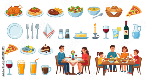 A Vibrant Clipart Set Featuring Diverse Meals, Drinks, and Family Dining Moments