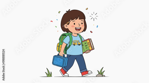 A cheerful schoolchild strides confidently, a backpack and lunchbox in hand, embodying the spirit of learning, adventure, and personal growth.