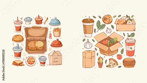 Collection of Hand-Drawn Illustrations Featuring Various Fast Food Takeout Meals, Fresh Groceries, and Healthy Food Delivery Items for Online Ordering and Home Delivery Concepts