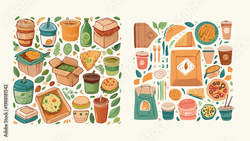 Assortment of freshly prepared meals and beverages in eco-friendly takeaway packaging, perfect for convenient modern dining and delivery services