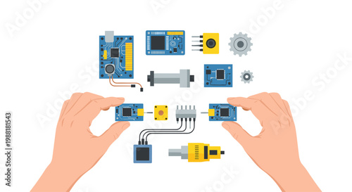 A detailed top-down view of hands meticulously assembling various electronic components including blue circuit boards and grey gears on a white background surface.