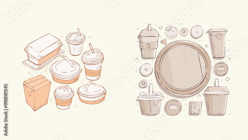 Sustainable and eco-friendly disposable food packaging collection, featuring diverse takeaway containers, cups, and bowls for modern dining solutions