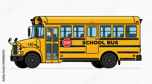 A school bus, symbol of education, carries children safely in an animated, illustrative style, reflecting themes of learning and transportation.