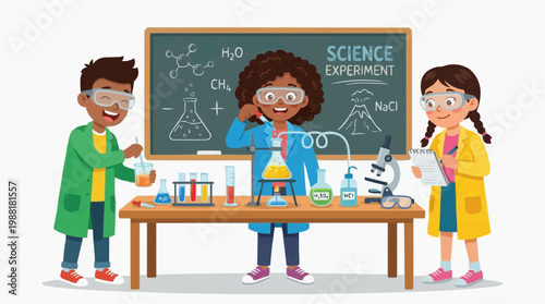 Young scientists conduct scientific experiments with excitement, engaged in exploration and discovery within a vibrant classroom. Capturing the spirit of education.