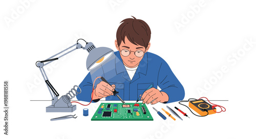 A focused young technician wearing glasses meticulously repairs a complex green electronic circuit board using a soldering iron under bright task lighting.