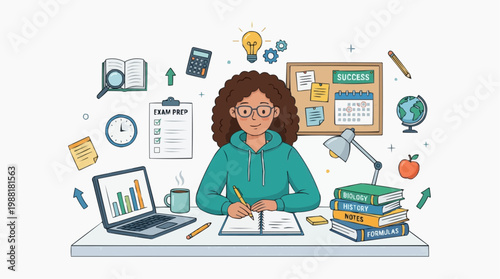 A focused individual studies at a desk surrounded by elements symbolizing learning, growth, and personal development. The setting suggests productivity and intellectual pursuit.