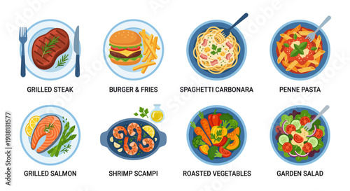 Delicious Prepared Meals Assortment Flat Lay Vector Illustration Set