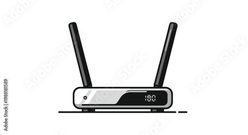 This modern wireless internet router features two tall black antennas and a sleek grey body with a digital display screen on a white background.